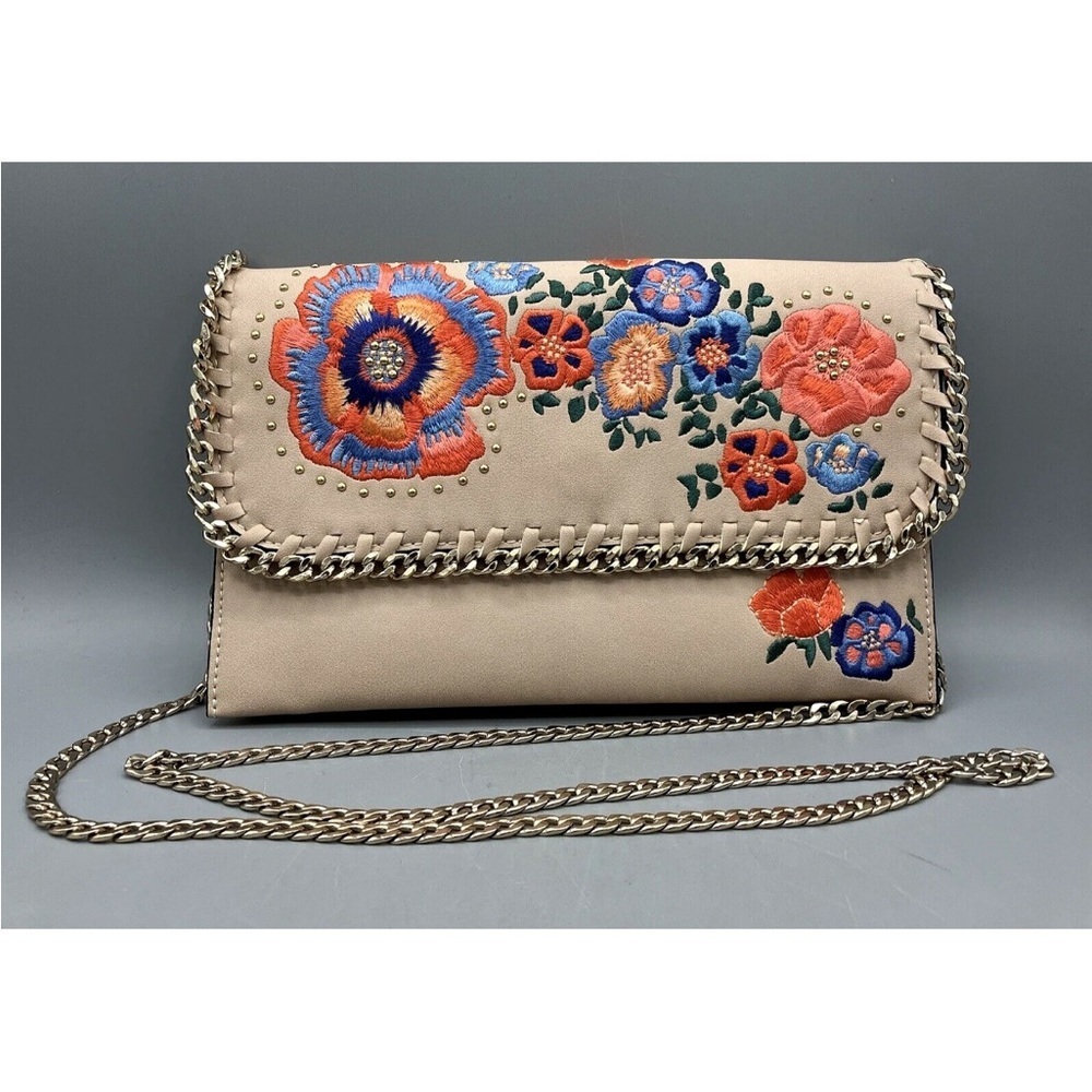 TopShop Crossbody Handbag Beige with Floral Embroidery & Chain Strap & Accents